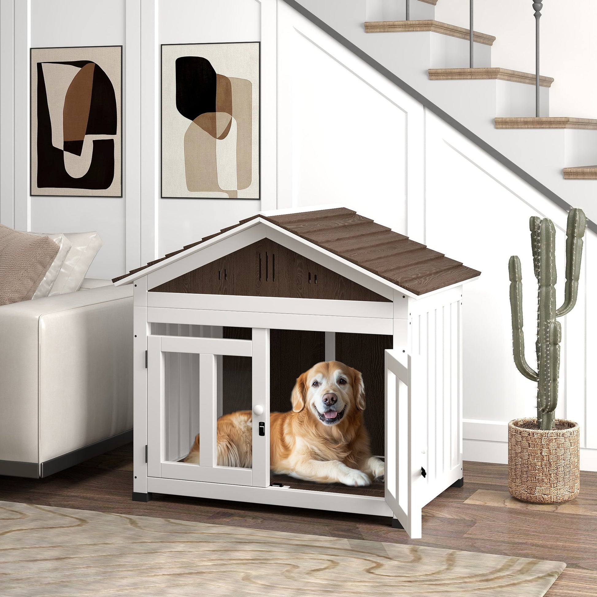 KFX-7437245 Cozy Indoor/Outdoor Wood Dog House with Magnetic Door and Removable Floor for Small Dogs