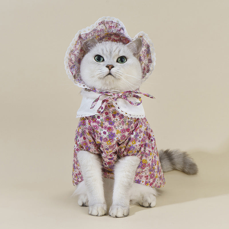 KFX-7439933 Floral Lace Cat Costume Dress with French Floral Hat for Pets