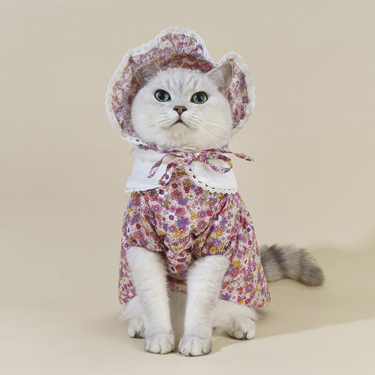 KFX-7439933 Floral Lace Cat Costume Dress with French Floral Hat for Pets
