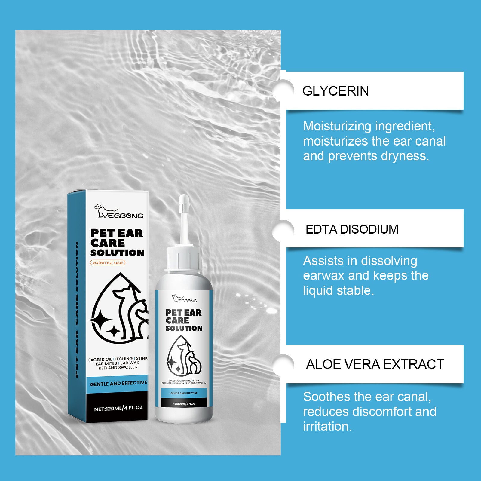 KFX-7441213 Gentle Ear Cleaning Solution for Cats and Dogs – 120ML Ear Wash with Aloe and Jojoba Oil