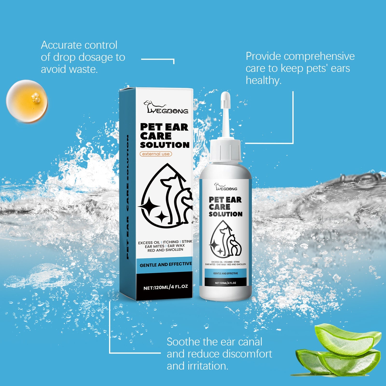 KFX-7441213 Gentle Ear Cleaning Solution for Cats and Dogs – 120ML Ear Wash with Aloe and Jojoba Oil