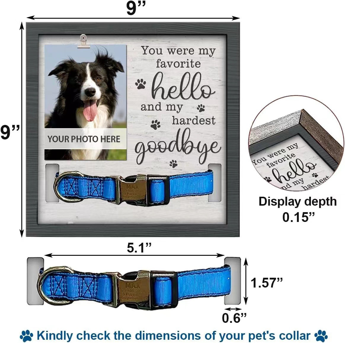 KFX-7441341 Wooden Pet Commemorative Plaque with Dog Collar Photo Frame in Modern Style