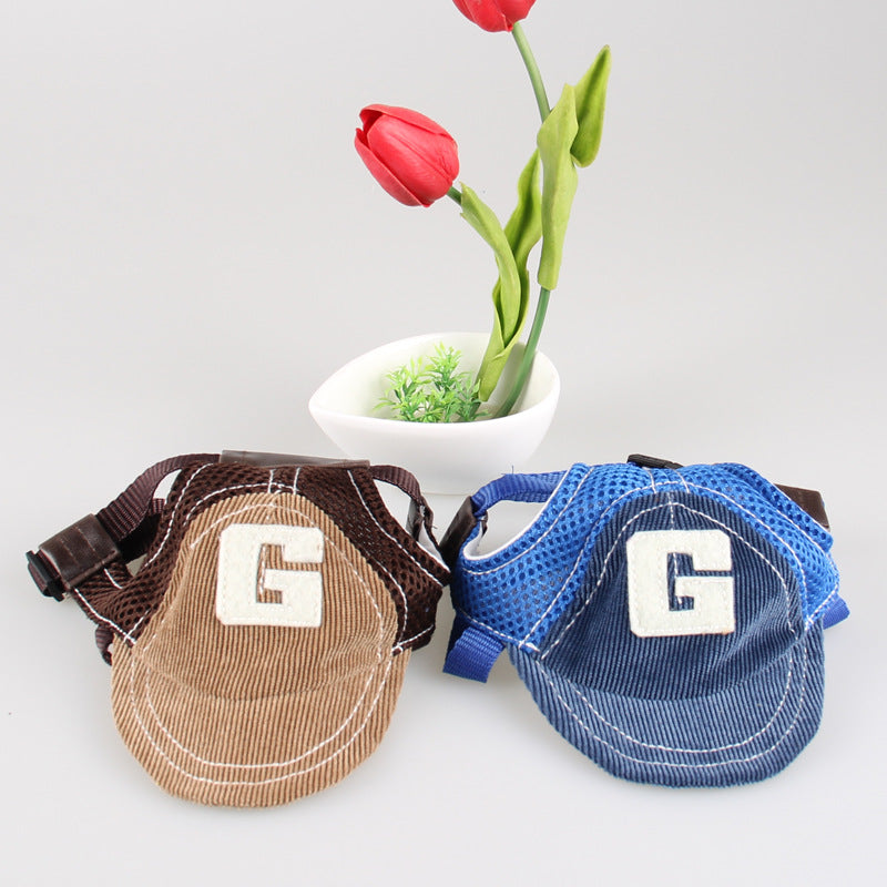 KFX-7447485 G-Shaped Embroidered Corduroy Dog Baseball Cap - Adjustable Sun Protection for Pets