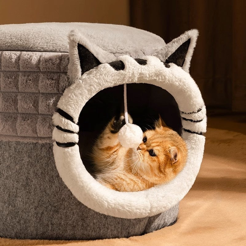 KFX-7449149 Enclosed Cat Bed with Winter Blanket - Warm Safe Hideaway for Cats of All Sizes