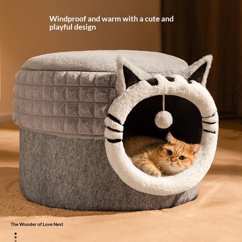 KFX-7449149 Enclosed Cat Bed with Winter Blanket - Warm Safe Hideaway for Cats of All Sizes