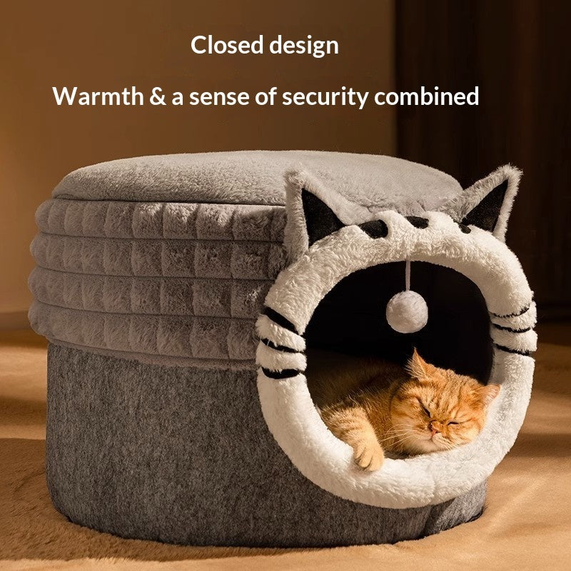 KFX-7449149 Enclosed Cat Bed with Winter Blanket - Warm Safe Hideaway for Cats of All Sizes