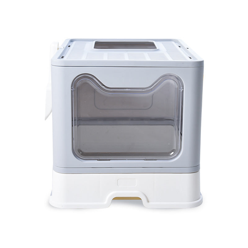 KFX-7462845 Foldable Odor-proof Cat Litter Basin with Double-door Design - Available in Pink, Blue, and Gray