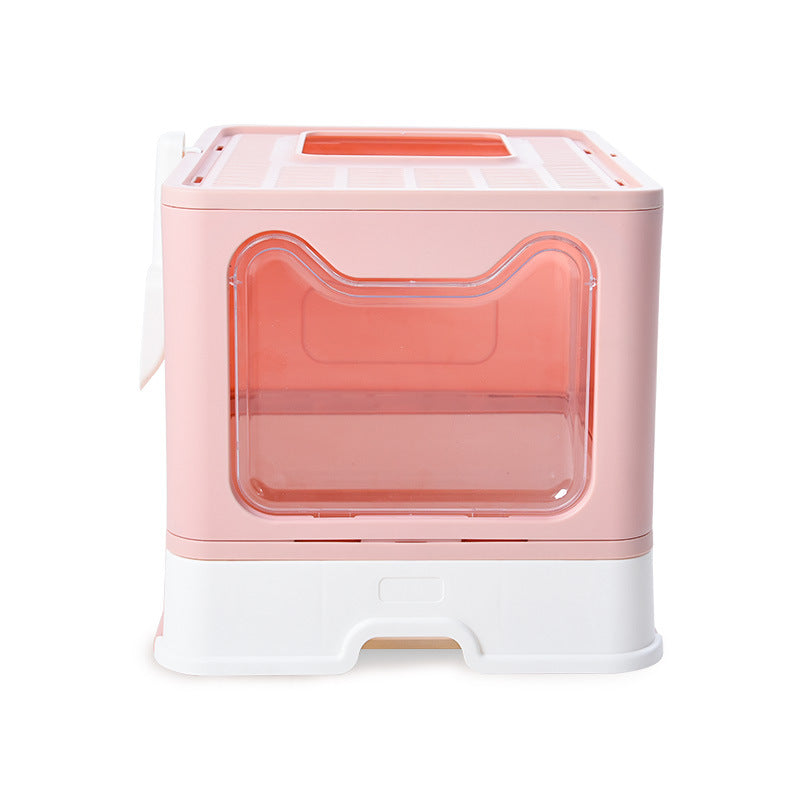 KFX-7462845 Foldable Odor-proof Cat Litter Basin with Double-door Design - Available in Pink, Blue, and Gray