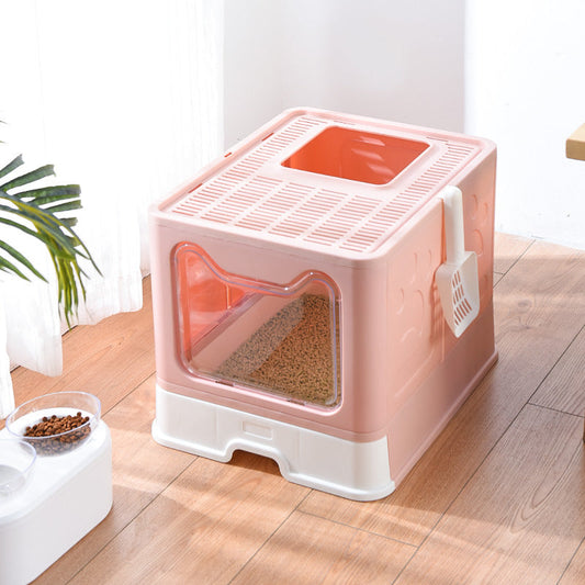 KFX-7462845 Foldable Odor-proof Cat Litter Basin with Double-door Design - Available in Pink, Blue, and Gray