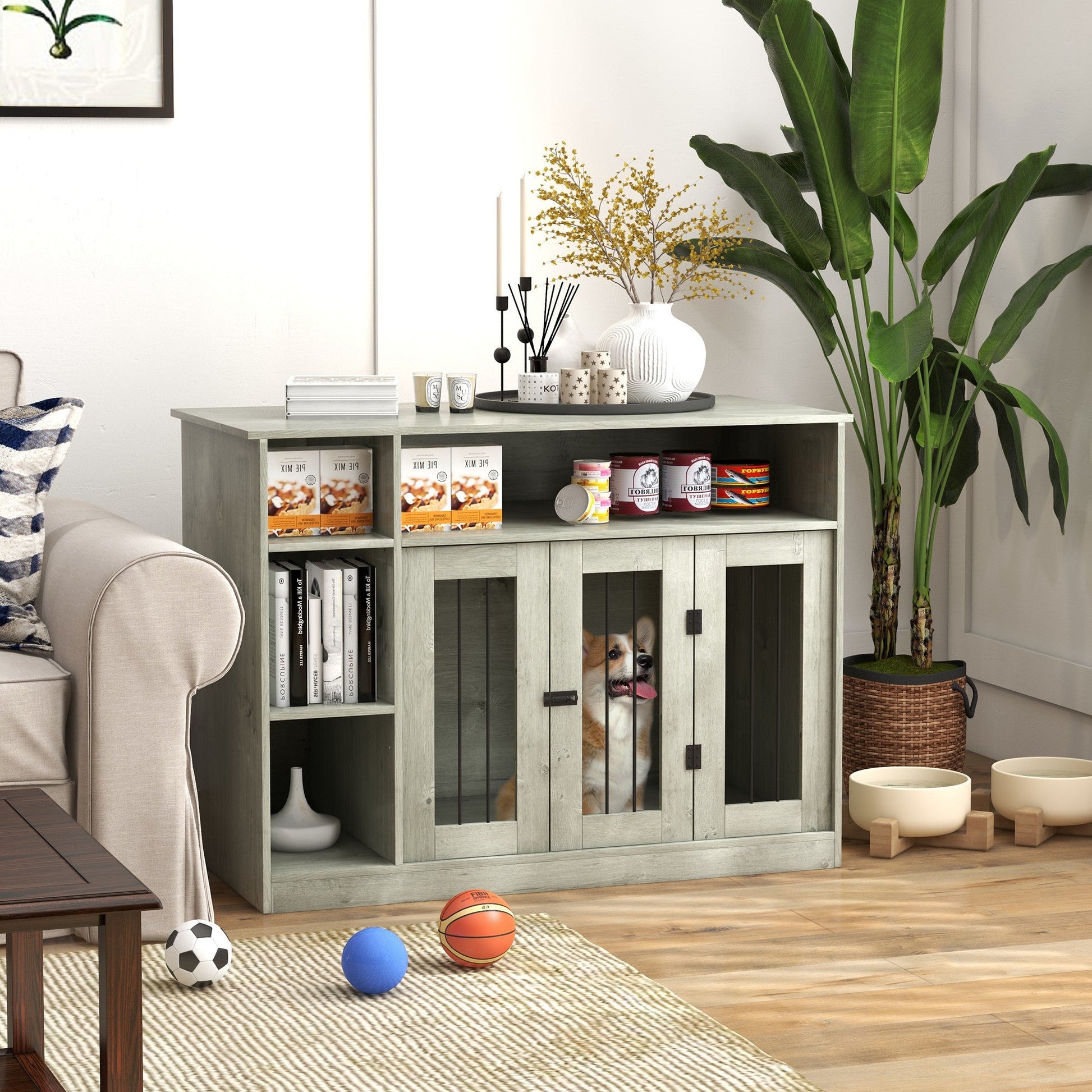KFX-7464253 47-Inch Dog Crate Furniture with Storage and Adjustable Shelf for Medium to Large Dogs