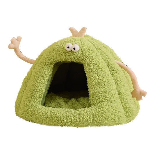KFX-7464637 Cozy Monster-Shaped Cat Kennel – Warm Semi-Enclosed Nest in Yellow, Purple, Green, Size M & L