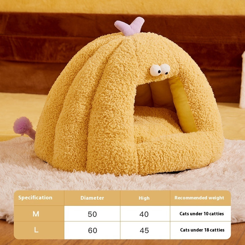 KFX-7464637 Cozy Monster-Shaped Cat Kennel – Warm Semi-Enclosed Nest in Yellow, Purple, Green, Size M & L