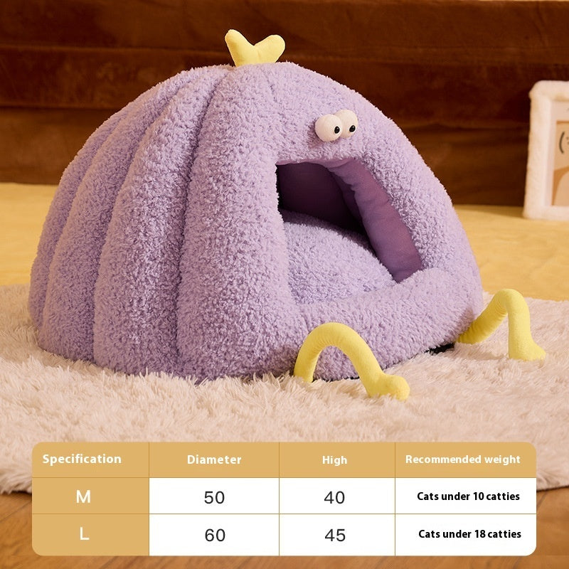 KFX-7464637 Cozy Monster-Shaped Cat Kennel – Warm Semi-Enclosed Nest in Yellow, Purple, Green, Size M & L