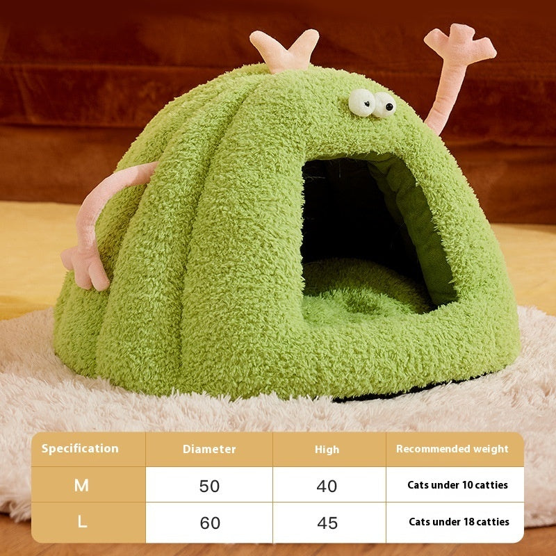 KFX-7464637 Cozy Monster-Shaped Cat Kennel – Warm Semi-Enclosed Nest in Yellow, Purple, Green, Size M & L