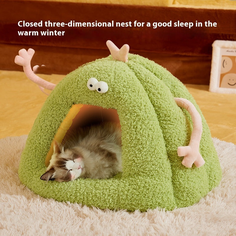 KFX-7464637 Cozy Monster-Shaped Cat Kennel – Warm Semi-Enclosed Nest in Yellow, Purple, Green, Size M & L