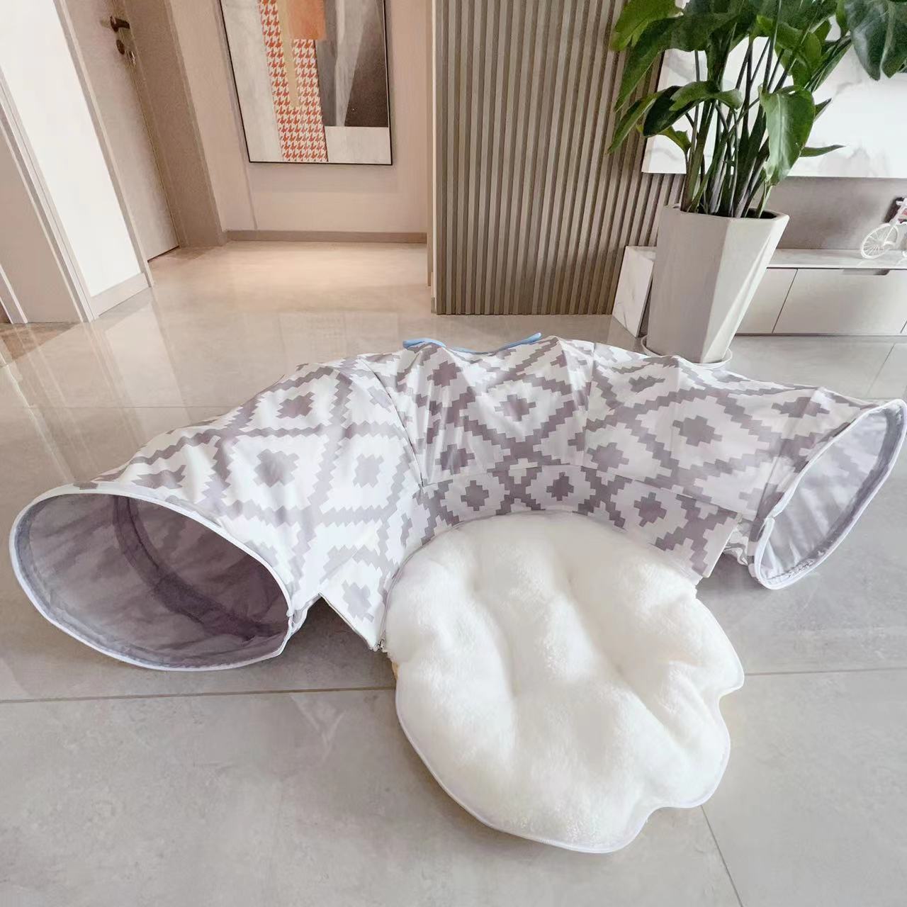 KFX-7465661 Foldable Gray Striped Cat Tunnel with Flannel and Steel Wire - 30x100CM