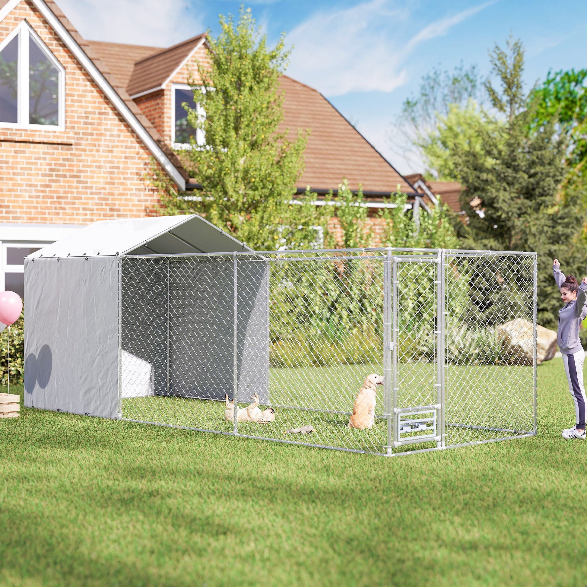 KFX-7470013 Large Outdoor Dog Kennel with Waterproof Cover and UV-Resistant Design