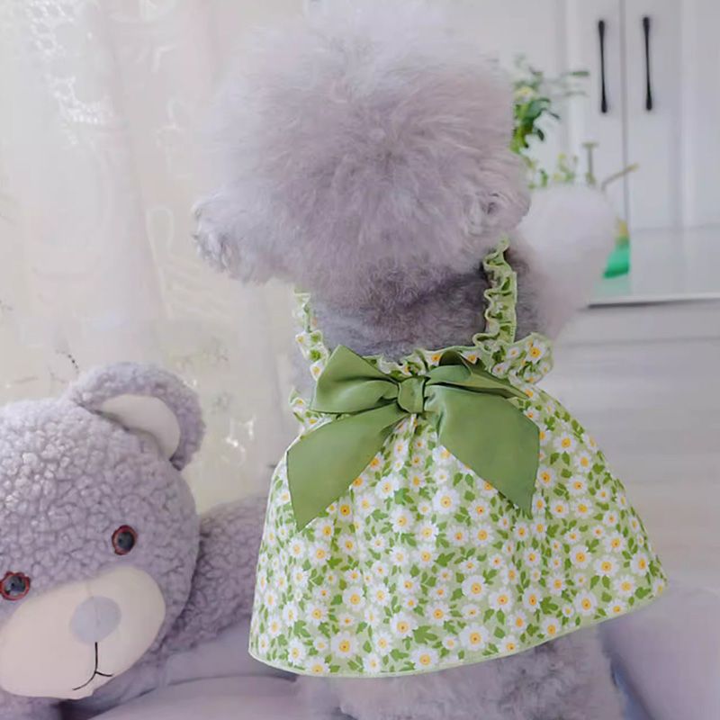 KFX-7473725 Pet Spring and Summer Strap Dress in Green and Pink Patterns, Cotton Fabric, Sizes XS to XL