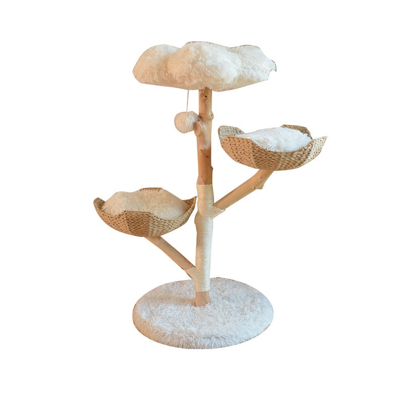KFX-7475389 Natural Wood Cat Climbing Frame with Double Nest Design and Rattan Features - 58x58x113CM