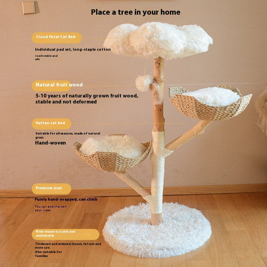 KFX-7475389 Natural Wood Cat Climbing Frame with Double Nest Design and Rattan Features - 58x58x113CM