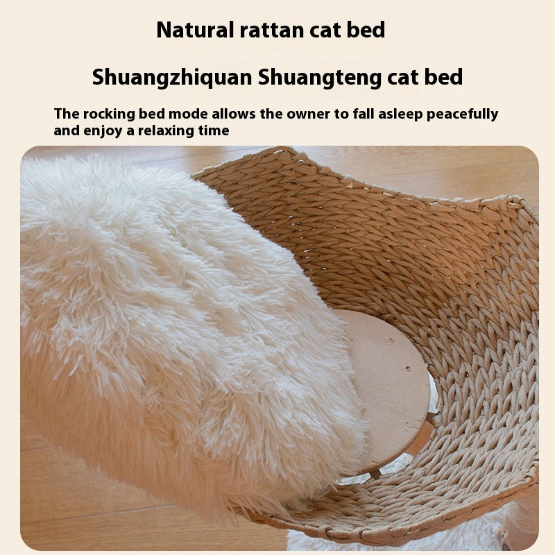 KFX-7475389 Natural Wood Cat Climbing Frame with Double Nest Design and Rattan Features - 58x58x113CM