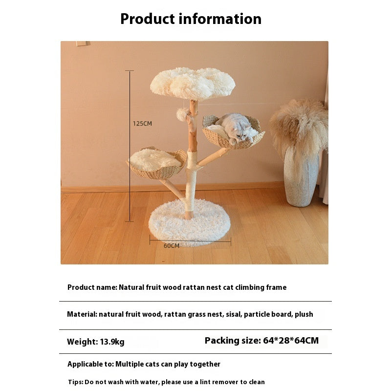 KFX-7475389 Natural Wood Cat Climbing Frame with Double Nest Design and Rattan Features - 58x58x113CM