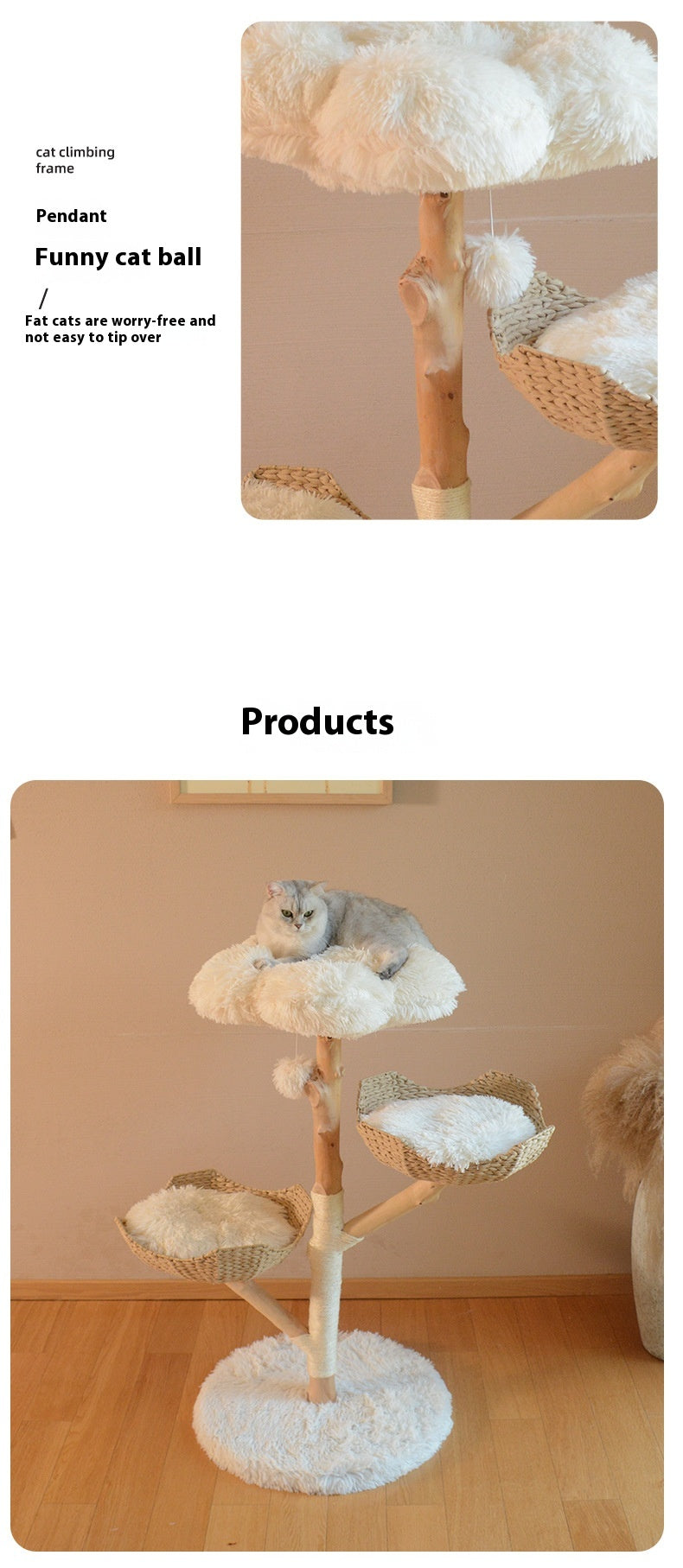 KFX-7475389 Natural Wood Cat Climbing Frame with Double Nest Design and Rattan Features - 58x58x113CM