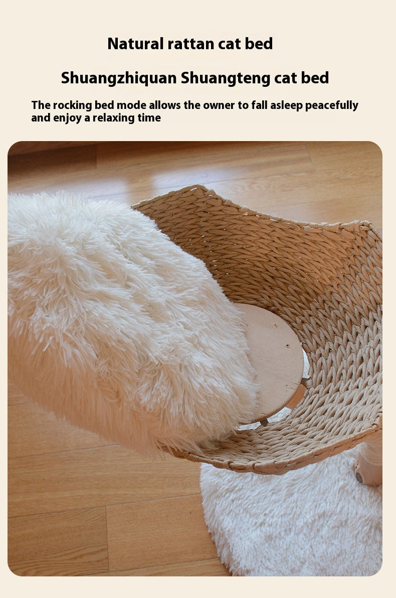 KFX-7475389 Natural Wood Cat Climbing Frame with Double Nest Design and Rattan Features - 58x58x113CM