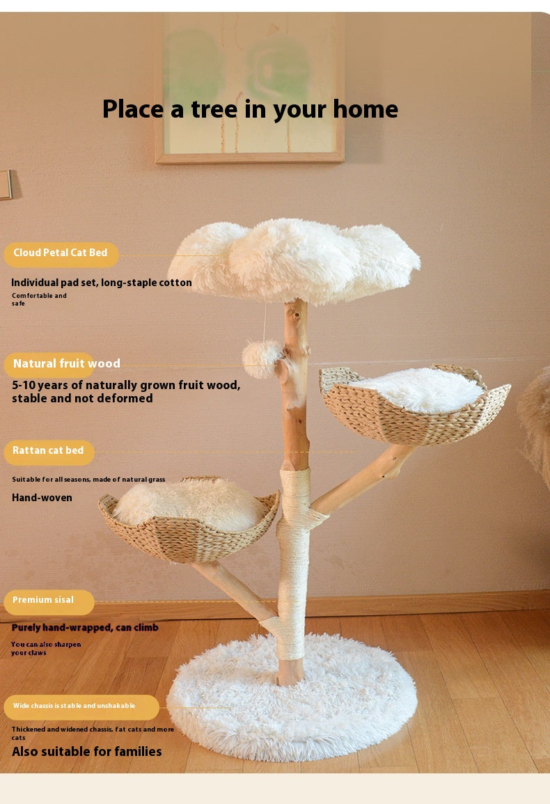 KFX-7475389 Natural Wood Cat Climbing Frame with Double Nest Design and Rattan Features - 58x58x113CM