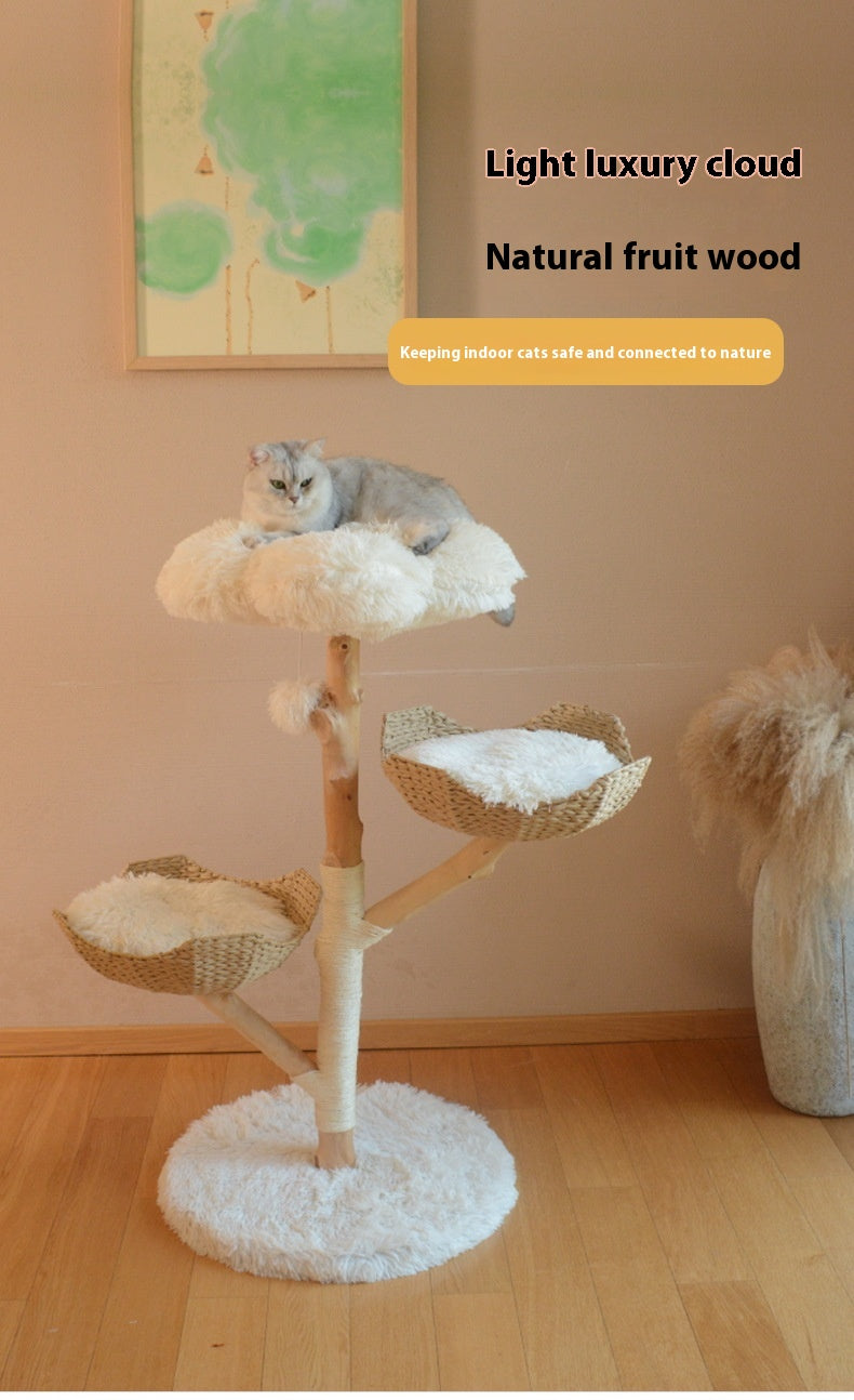KFX-7475389 Natural Wood Cat Climbing Frame with Double Nest Design and Rattan Features - 58x58x113CM
