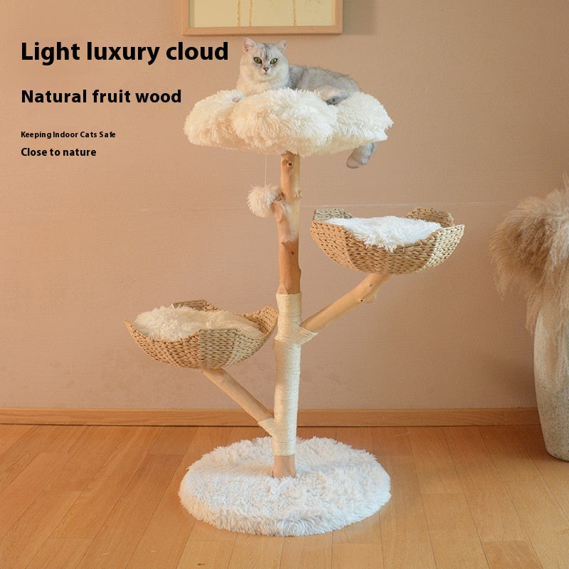KFX-7475389 Natural Wood Cat Climbing Frame with Double Nest Design and Rattan Features - 58x58x113CM