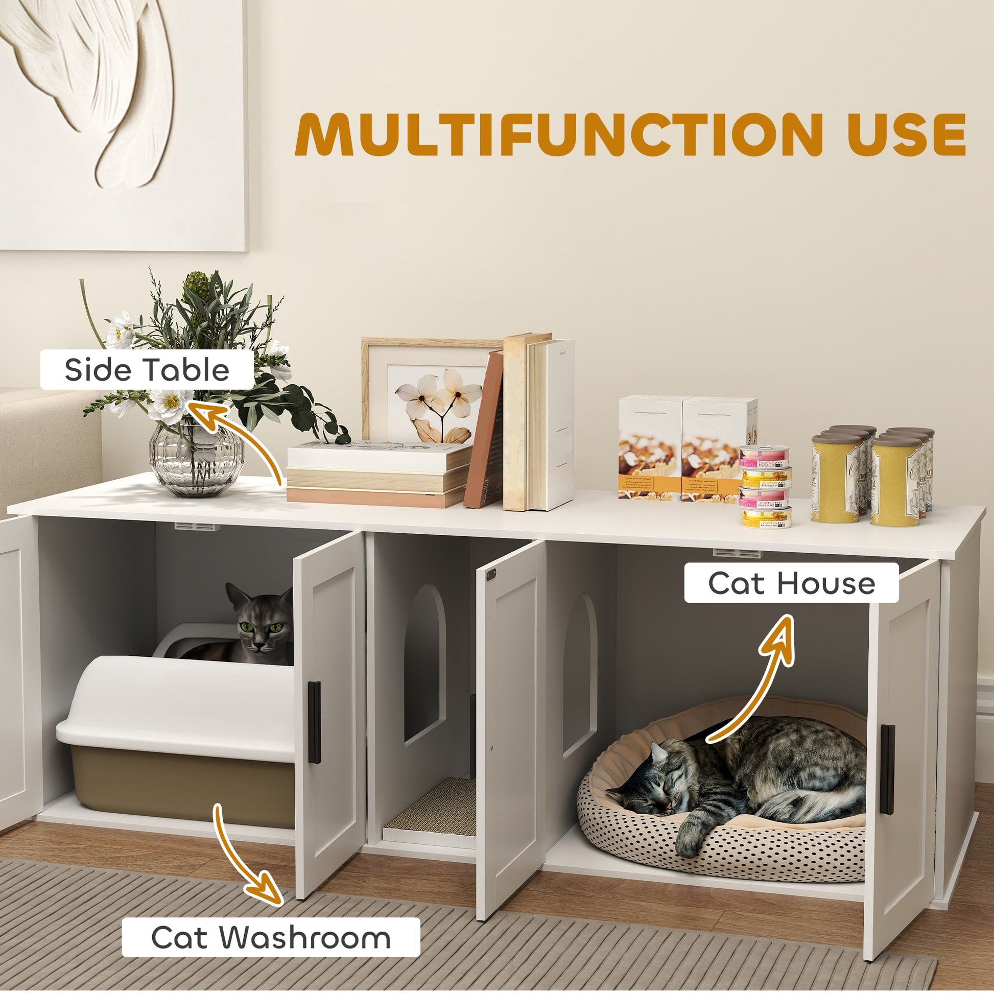KFX-7477565 Double Room Cat Litter Box Enclosure with Scratching Mat, White, 57 x 19 x 20 Inches, for Two Cats