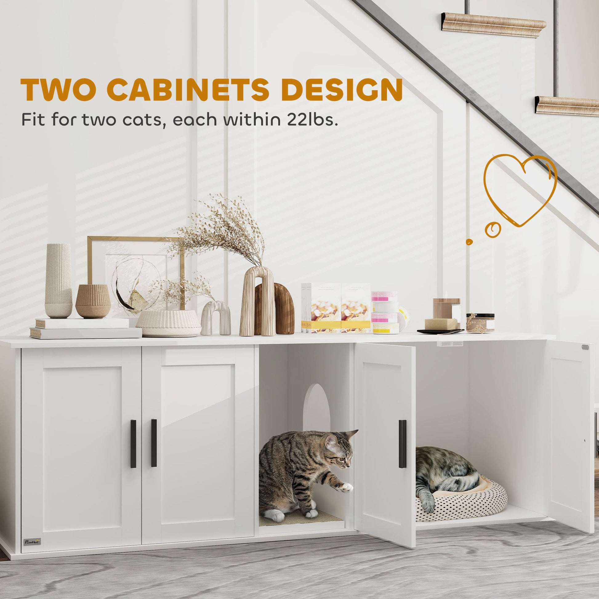 KFX-7477565 Double Room Cat Litter Box Enclosure with Scratching Mat, White, 57 x 19 x 20 Inches, for Two Cats