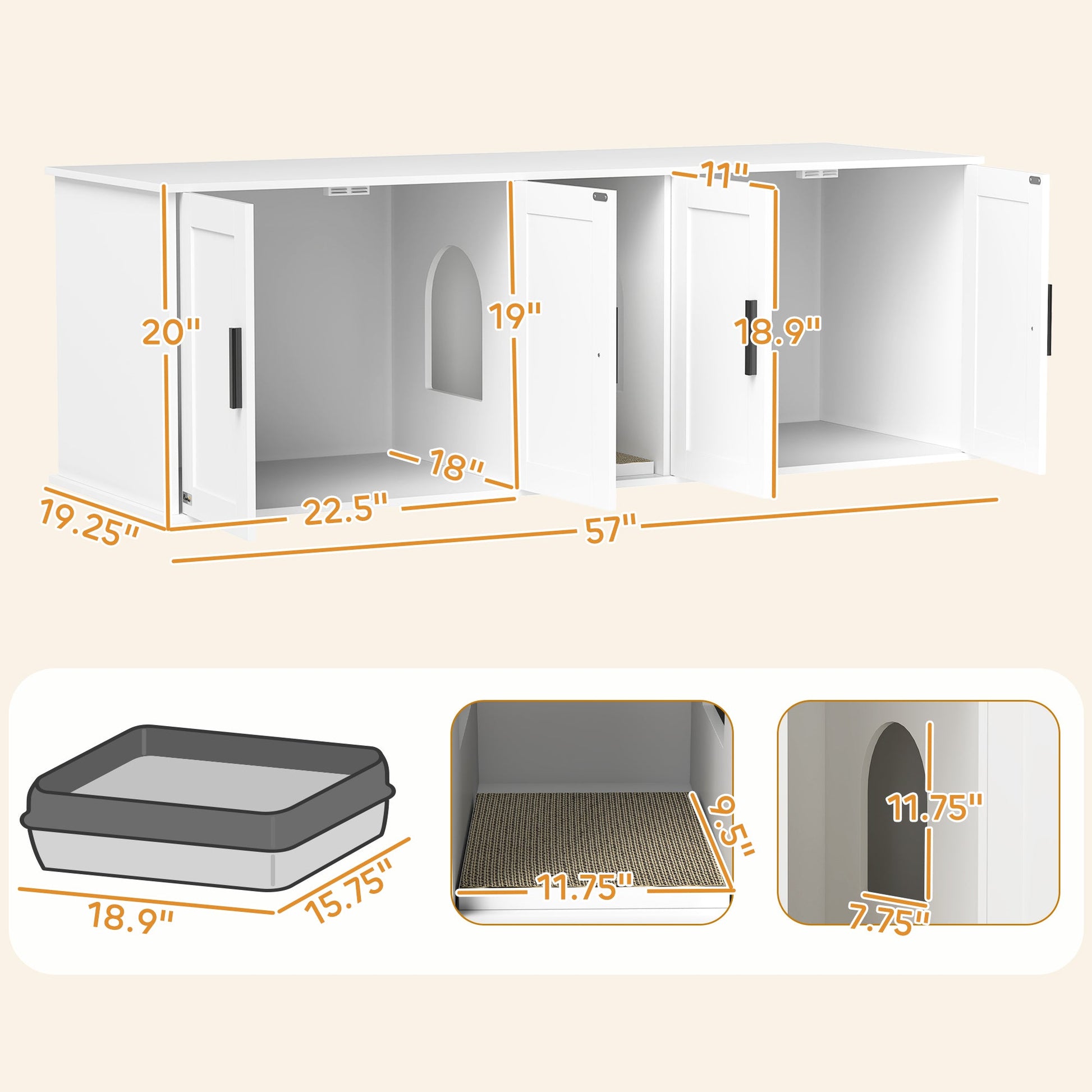 KFX-7477565 Double Room Cat Litter Box Enclosure with Scratching Mat, White, 57 x 19 x 20 Inches, for Two Cats