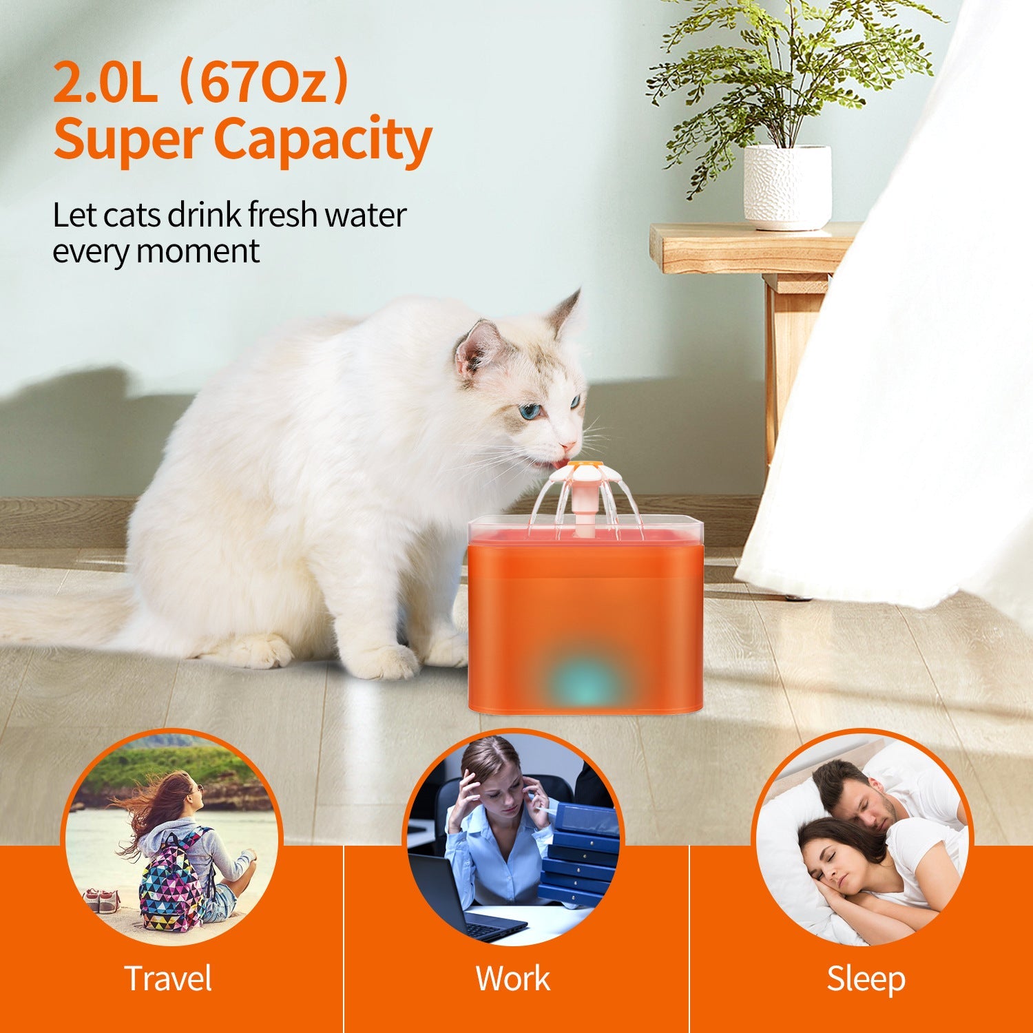 KFX-7477949 Automatic Cat Water Dispenser with LED Light and 2L Capacity, PP Material, 5V 1.5W Power Supply