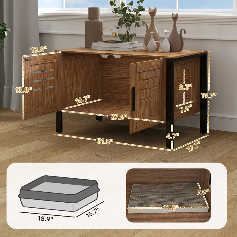 KFX-7483325 Cat Litter Box Enclosure with Scratching Board and Tall Legs, Dark Brown Wood Finish