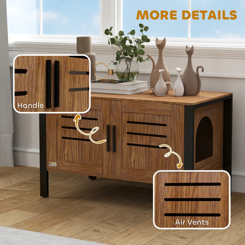 KFX-7483325 Cat Litter Box Enclosure with Scratching Board and Tall Legs, Dark Brown Wood Finish