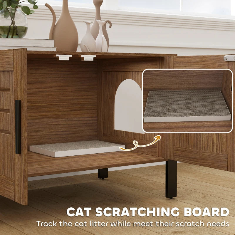 KFX-7483325 Cat Litter Box Enclosure with Scratching Board and Tall Legs, Dark Brown Wood Finish