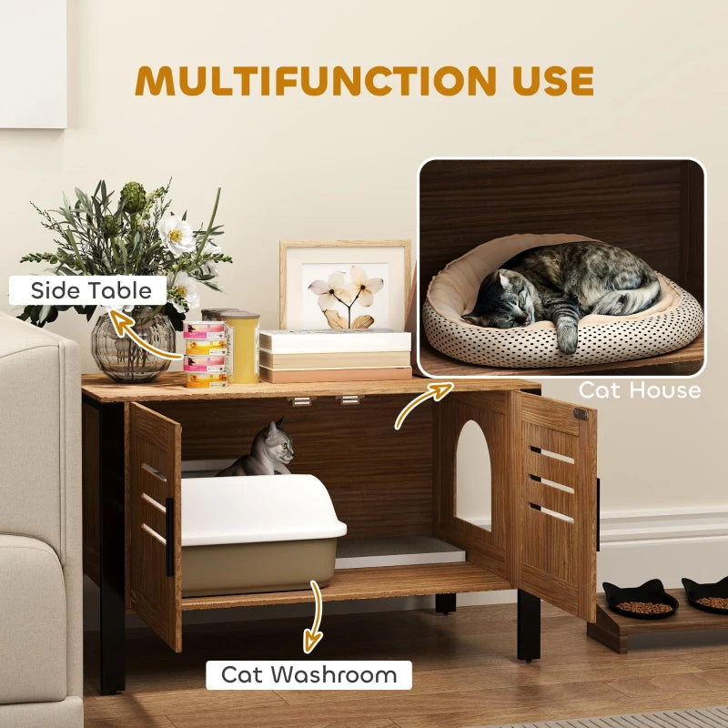 KFX-7483325 Cat Litter Box Enclosure with Scratching Board and Tall Legs, Dark Brown Wood Finish