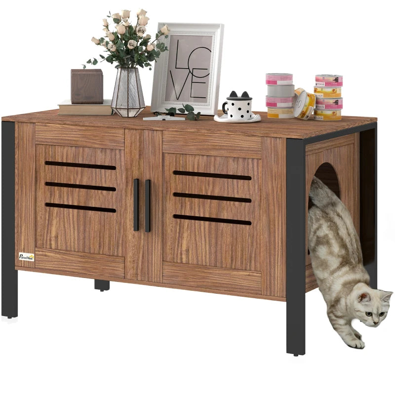 KFX-7483325 Cat Litter Box Enclosure with Scratching Board and Tall Legs, Dark Brown Wood Finish