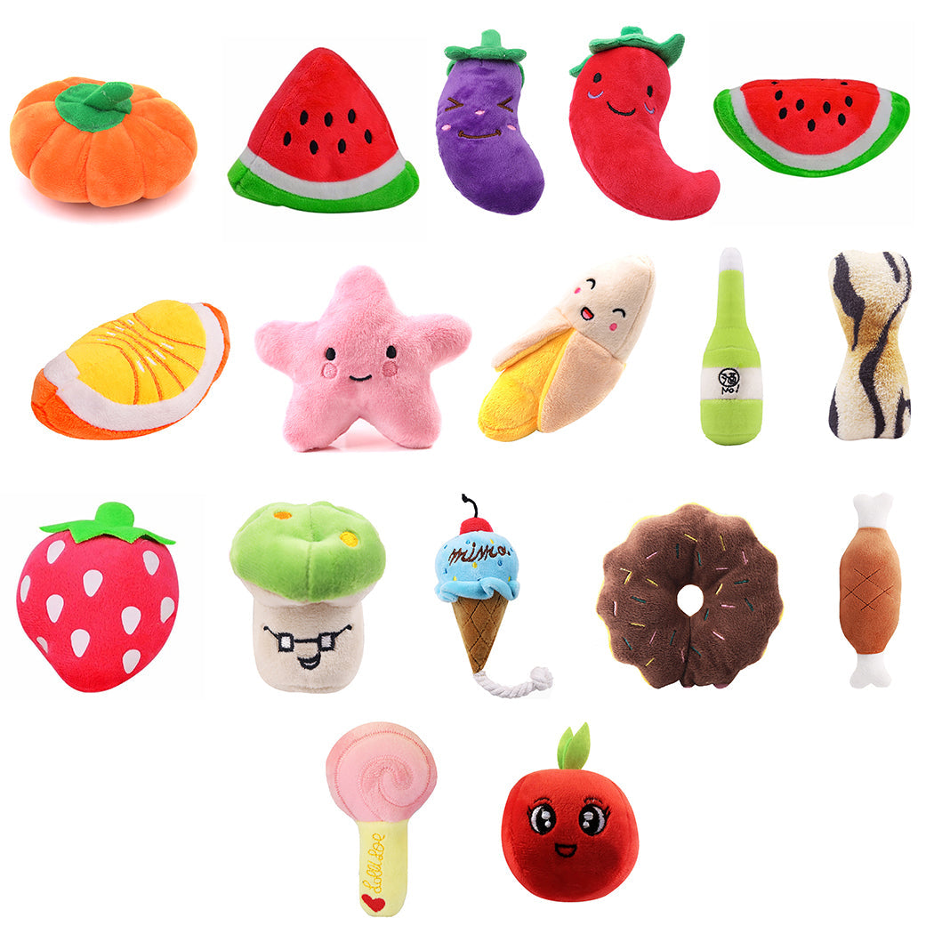 KFX-7487293 Interactive Plush Dog Chew Toy Set - 15 Soft Fruit and Cartoon Designs for Pets