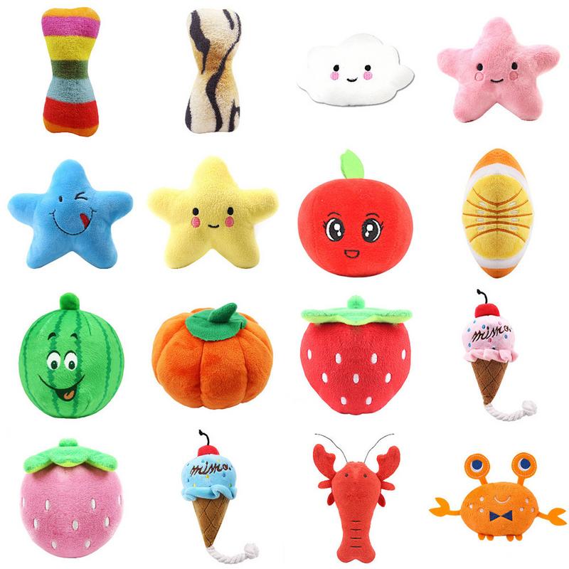 KFX-7487293 Interactive Plush Dog Chew Toy Set - 15 Soft Fruit and Cartoon Designs for Pets