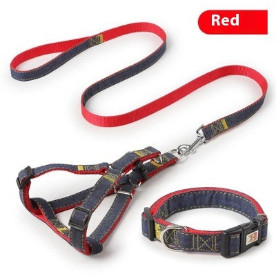 KFX-7489085 Red, Blue, Pink, or Black Dog Leash Set for Front & Back Traction - Denim Material - Includes Collar