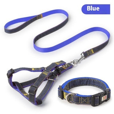 KFX-7489085 Red, Blue, Pink, or Black Dog Leash Set for Front & Back Traction - Denim Material - Includes Collar
