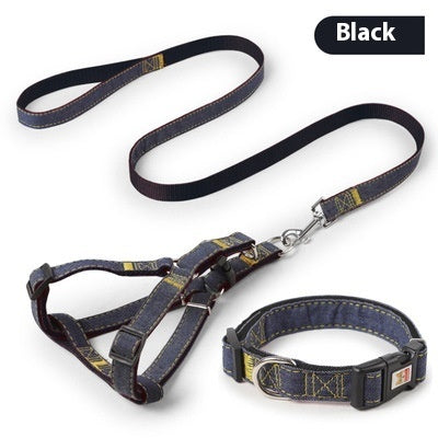 KFX-7489085 Red, Blue, Pink, or Black Dog Leash Set for Front & Back Traction - Denim Material - Includes Collar