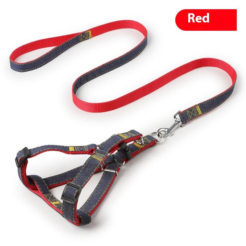 KFX-7489085 Red, Blue, Pink, or Black Dog Leash Set for Front & Back Traction - Denim Material - Includes Collar