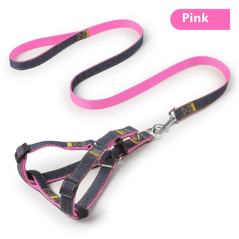 KFX-7489085 Red, Blue, Pink, or Black Dog Leash Set for Front & Back Traction - Denim Material - Includes Collar