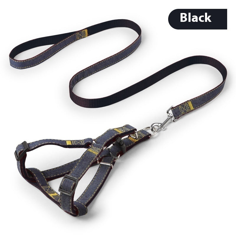 KFX-7489085 Red, Blue, Pink, or Black Dog Leash Set for Front & Back Traction - Denim Material - Includes Collar