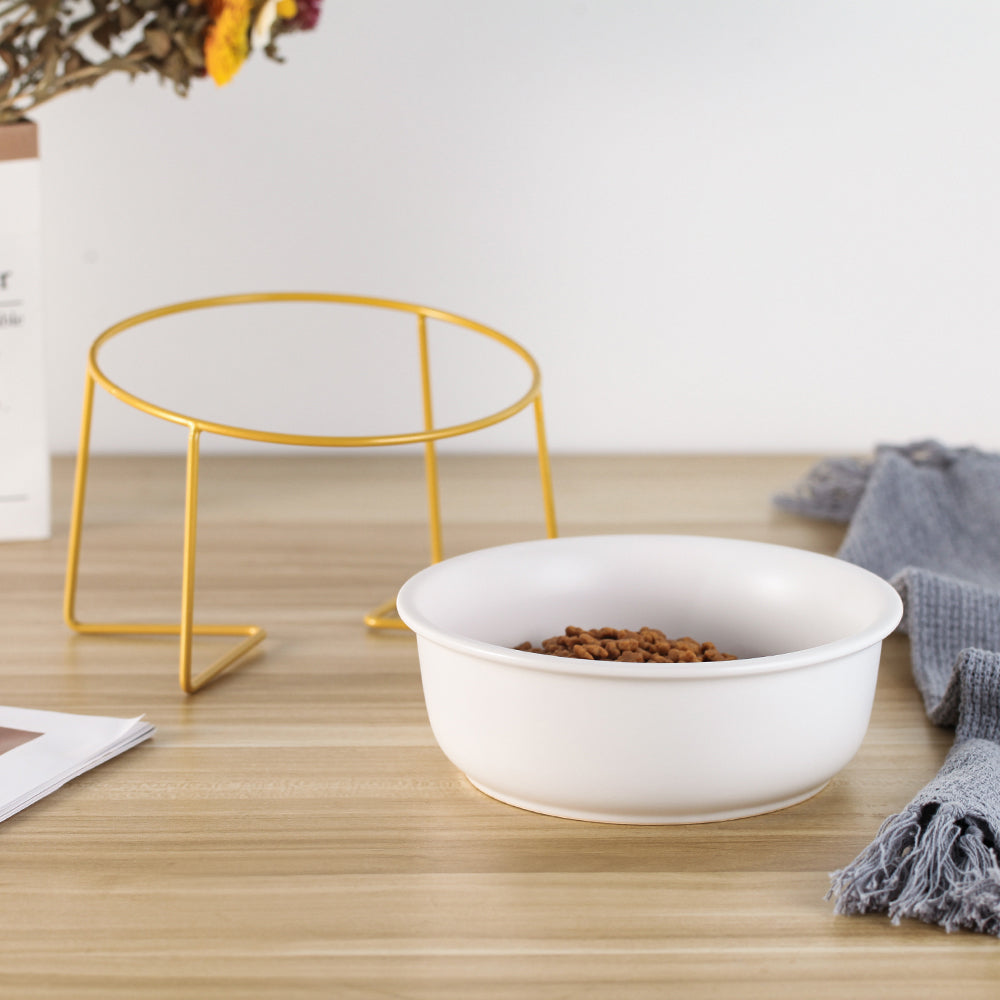 KFX-7493565 Tilted Ceramic Cat Bowl with Stainless Steel Base - Modern Design for Elevated Feeding