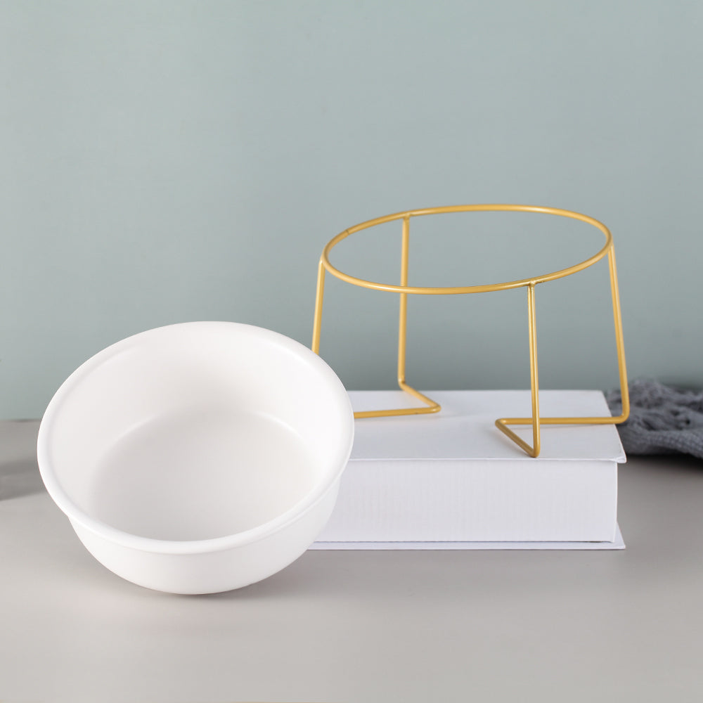 KFX-7493565 Tilted Ceramic Cat Bowl with Stainless Steel Base - Modern Design for Elevated Feeding